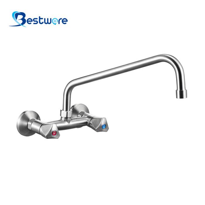 European Style High-grade Stainless Steel Hot and Cold Manual Faucet - Dual Holes Wall Mount