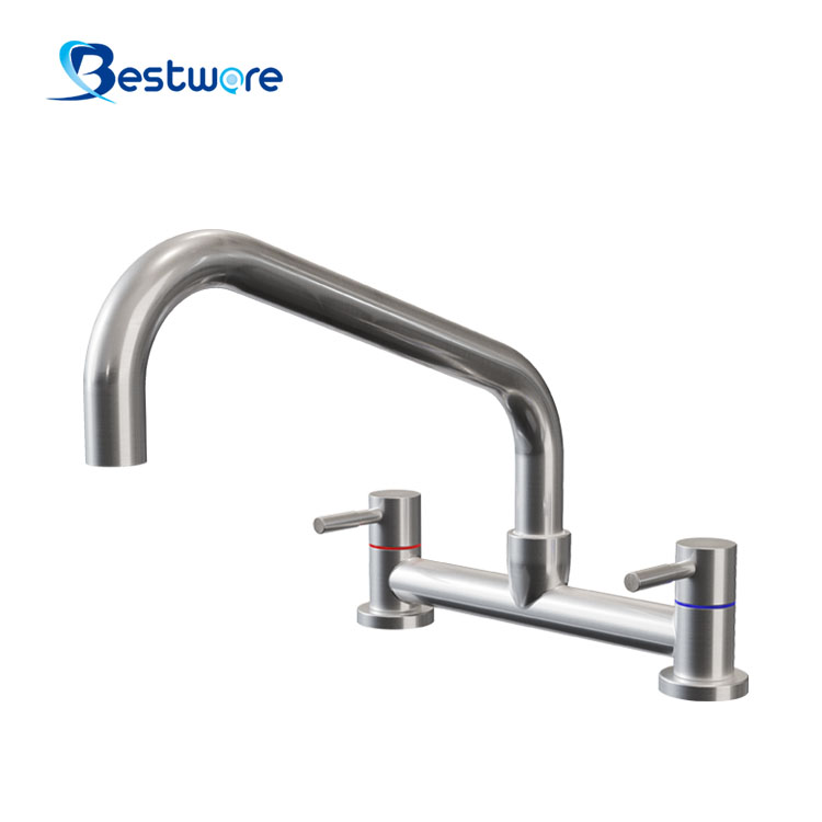 Economy Style Stainless Steel Hot and Cold Manual Faucet - Dual Hole Deck Mount