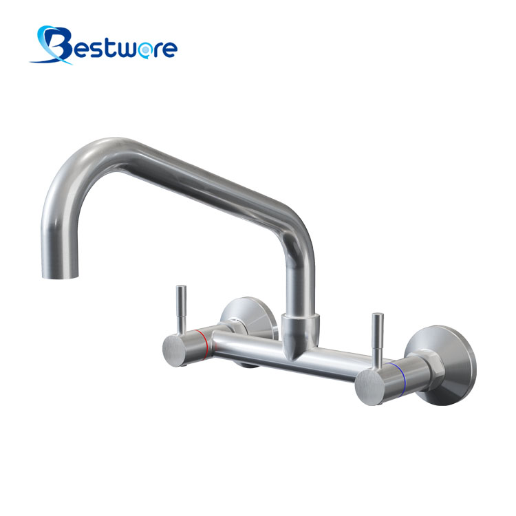 Economy Style Stainless Steel Hot and Cold Manual Faucet - Dual Holes Wall Mount